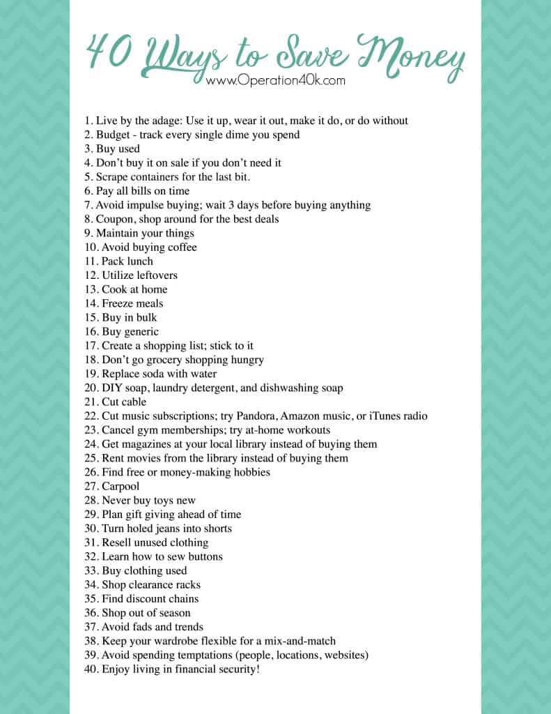 40 Ways to Save Money – Free Printable 40 Ways to Save Money – Free Printable