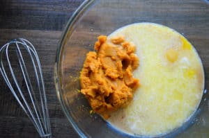 wet ingredients for Pumpkin Butterscotch pancakes