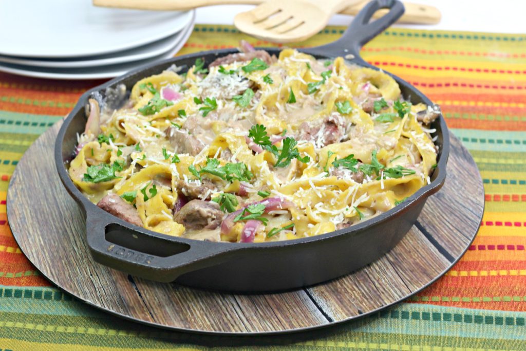 French Onion Beef Stroganoff in A Cast Iron Skillet